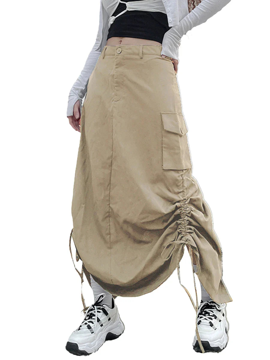 JazzHer Retro Women Long Cargo Pocket Baggy Skirts Side Drawstring Low Rise Solid Pockets Hip Hop Straight Skirts Y2k Streetwear