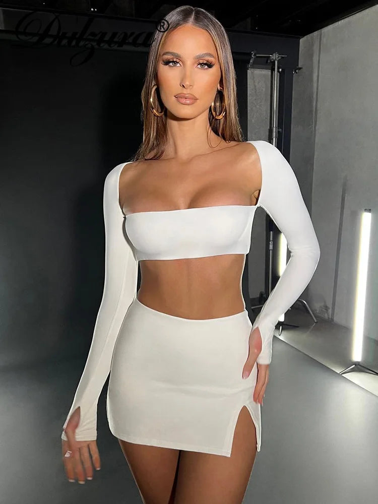 JazzHer Women Sexy Y2K Clothes 2 Pieces Lace Up Long Sleeve Backless Crop Top Side Slit Bodycon Mini Skirts Matching Set Club