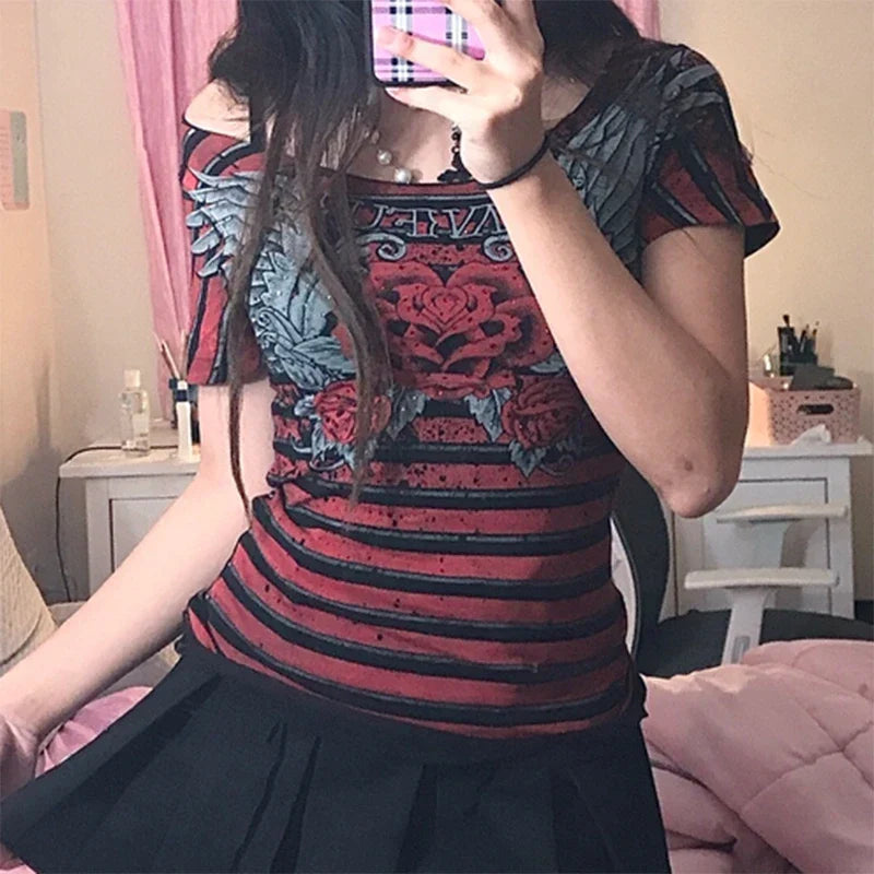 JazzHer Y2K Aesthetic Grunge Mall Goth Crop Top Vintage Striped Rose Graphic Print T-shirt E-girl Harajuku Gothic Short Sleeve Slim Tees