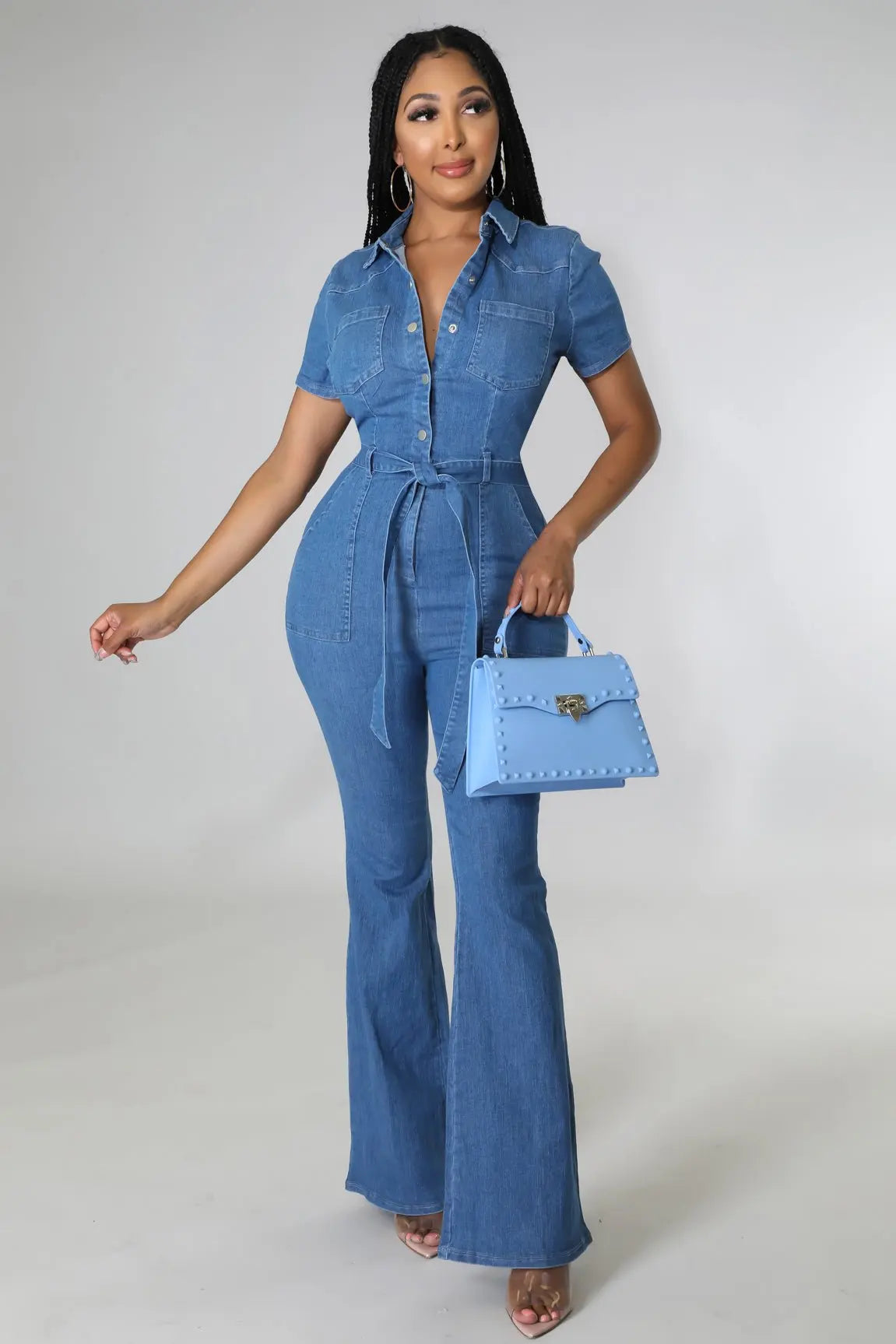 JazzHer Overalls Flare Pants Jeans Washed Denim Full Length Jean Single Breasted Sashes Vintage Solid Spliced Loose Casual Washed