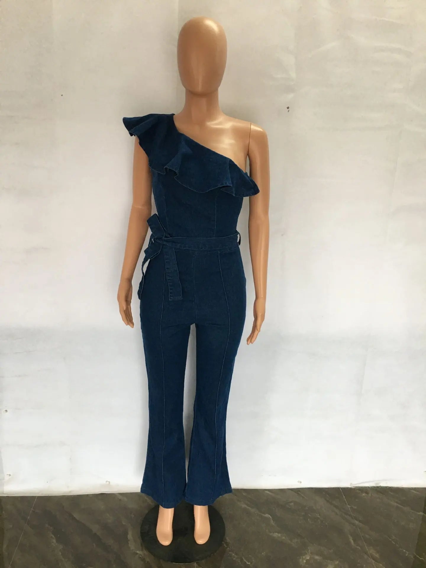 JazzHer Spliced Ruffles Vintage Jeans Overalls Washed Full Length Jean Wide Leg Denim Pants Distressed Solid 2024 Casual Skew Collar