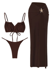 JazzHer Starfish 3-piece Bikini Cute Ruffled Swimsuit High Cut Beach Dress 2025 New Bathing Suit Cover up Long Skirt Holiday Wear K138