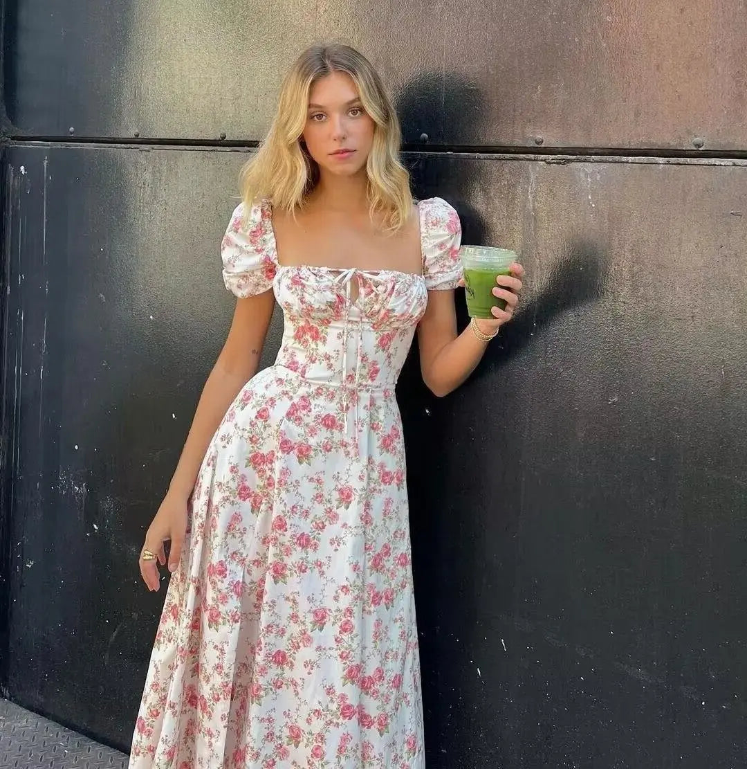 JazzHer-Suninheart Summer Square Neck Pink Floral Print Dress Elegant Midi Puff Sleeve Slim Dress for Party Holiday Women Dress 2024