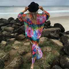 JazzHer Saida De Praia Fashion Beach Kimono Dress Women Beachwear Multicolored Bohemian Tropical Printed Ankle Length Pareo Dress Q600