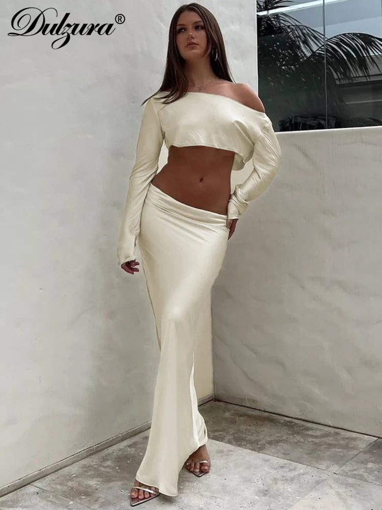 JazzHer Matching Suit Satin Skew Collar Long Sleeve Top Camisole Maxi Skirt Classic Prom Elegant 2024 Summer Women Y2K