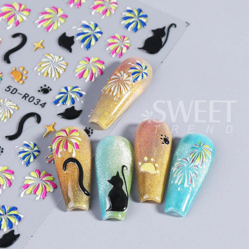 JazzHer 5D Eye Nail Embossed Stickers Blooming Fireworks Jelly Sweet Cartoon Candy  Kawaii Mouth Monster Design New Year Manicure Decal