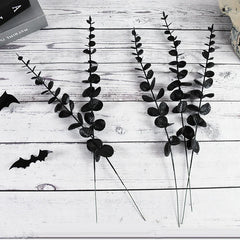 JazzHer 10/20Pcs Halloween Black Artificial Eucalyptus Branch Stems Faux Real Touch Flowers Leaves Plant Wedding Party Home Decoration