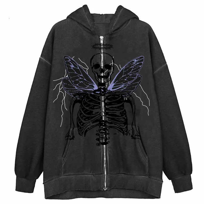 JazzHer Y2K Aesthetic Zip Up Sweatshirts E-girl Gothic Grunge Emo Skeletons Wings Print Oversized Hoodies Autumn Long Sleeve Coat Top