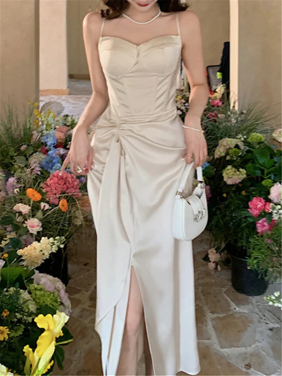 JazzHer-Elegant Vintage Midi Dresses for Women Sleeveless Fashion Spli Solid Square Collar Spaghetti Strap Party Dress New Summer 2024