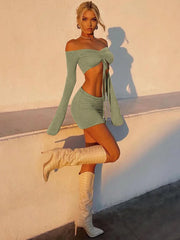 JazzHer Sexy Two Piece Set Women Outfit Green Strapless Full Sleeve Crop Top And Mini Skirt Matching Sets Female Dress Set