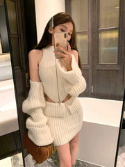 JazzHer Elegant Knitted Clothing 3 Piece Set Casual Short Cardigan + Slim Vest + Sexy Y2k Mini Skirt Korean Fashion Suit 2024 Winter