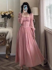 JazzHer French Elegant Lantern Sleeve Lace Up Midi Dress 2024 Spring and Summer Women Square Neck Evening Party Prom Robe Women's Dress