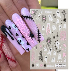 JazzHer Cartoon Ghost Nail Manicure Stickers Pink Spider Web Pumpkin Bat Design Adhesive Decals 2024 Halloween Holiday Cute Foils Wraps