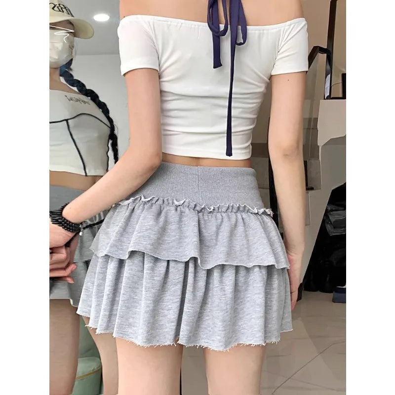 JazzHer Korean Retro Solid Color All Match Cake Skirt Women 2024 Summer New High Waist Lace-up Sexy Slim Pleated A-line Skirt