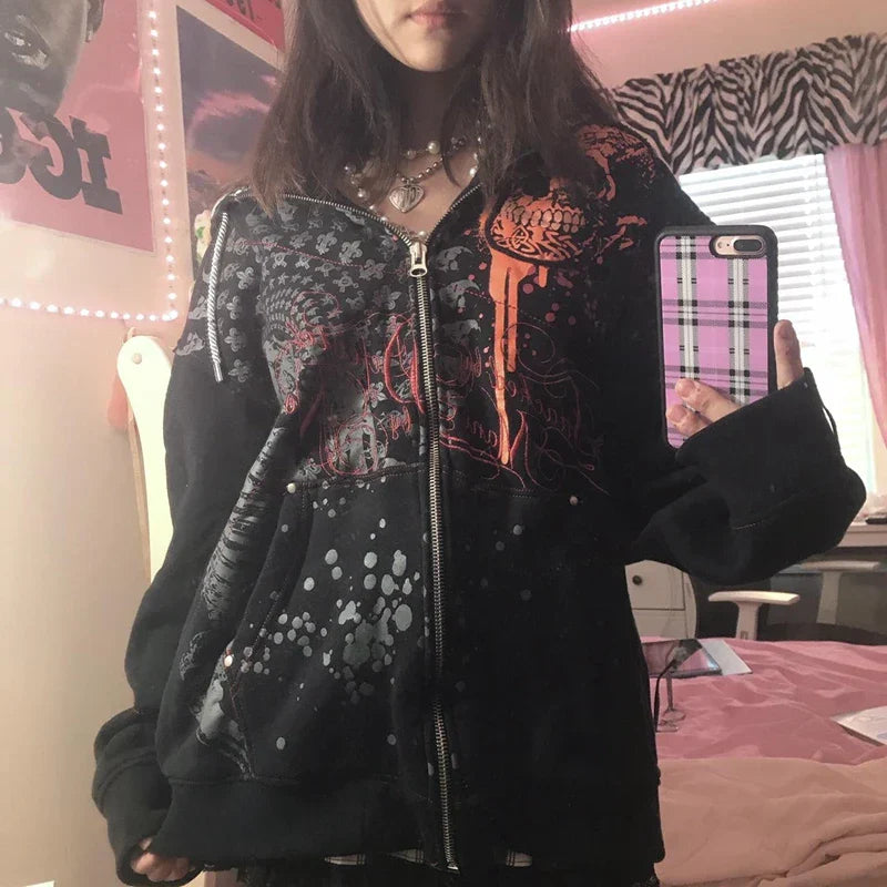 JazzHer 2024 Fall Fashion Y2K Aesthetics Mall Goth Zip Up Hoodies Dark Academia Graphic Print Oversized Sweatshirt Gothic Grunge Retro Coat Jackets