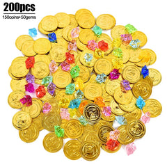 JazzHer 200Pcs/set Pirate Gold Coins Gems Jewelry Treasure Toy Kids Pirate Party Decoration Favors Birthday Gift Cosplay Props Halloween