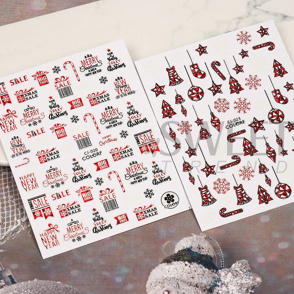 JazzHer Laser Red Christmas Nail Art Stickers 3D Cartoon Santa Snowman Xmas Tree Adhesive Sliders Winter New Year Manicure Decor LYCJ027