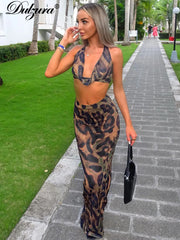 JazzHer New Matching Suit Leopard Printed Halter Backless Crop Tops Midi Dress Sets Women Outfits Sexy Party Club Streetwear Y2K