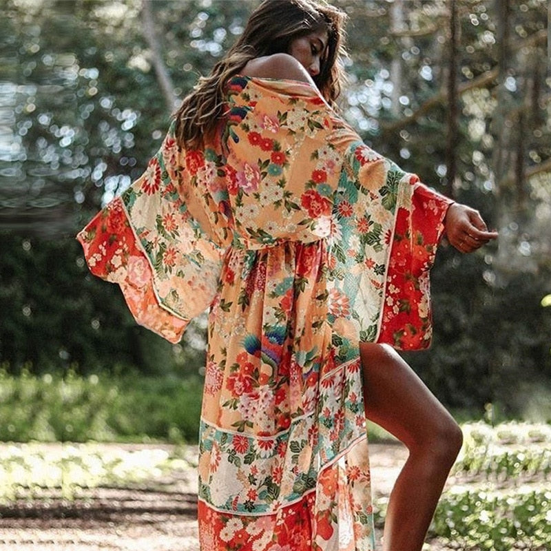 JazzHer 2024 Bohemian Floral Printed Front Open Summer Women Beach Wear Wrap Dress Chiffon Tunic Sexy Sarongs Robe De Plage Pareo Q751