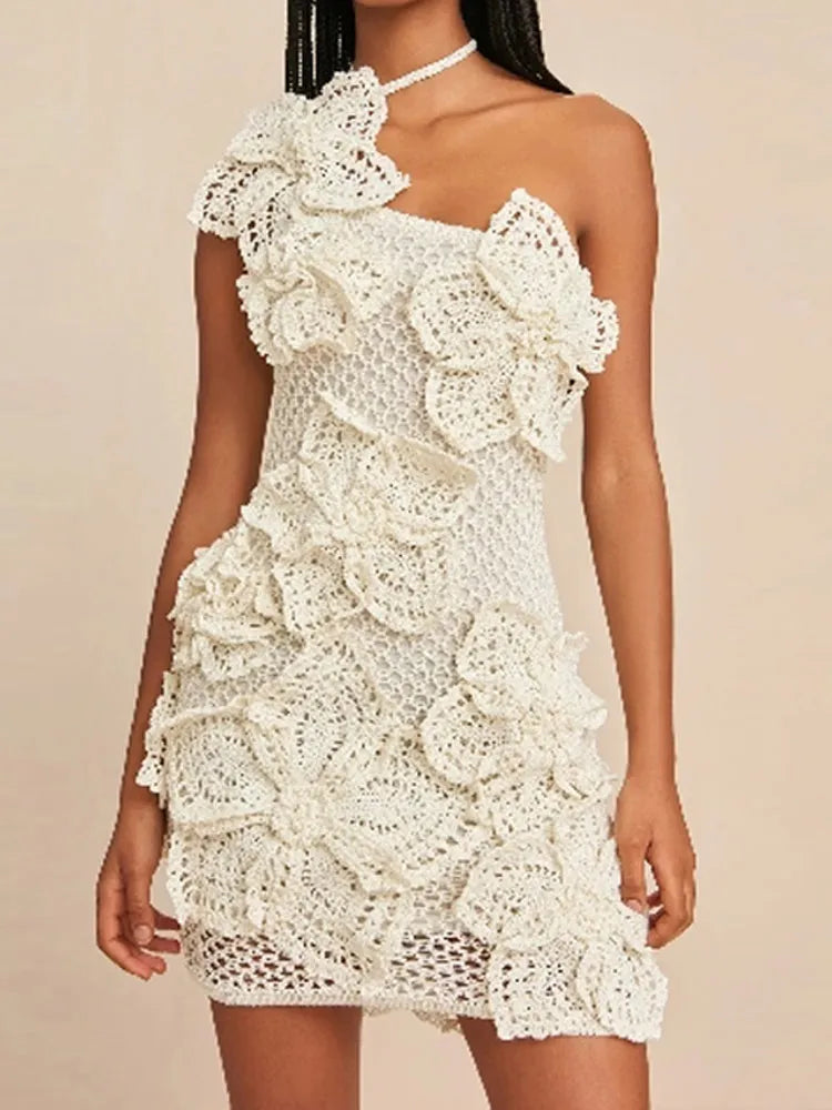 JazzHer Elegant Crochet Knit Flower Patchwork Women Mini Dress Sexy Cut Out Backless Sling Halter Dresses 2024 Summer Female Party Robes