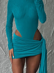 JazzHer Matching Suit Solid Long Sleeve Half Turtleneck Bodysuit Mini Bandage Ruched Skirt 2024 Summer Autumn For Women Sexy