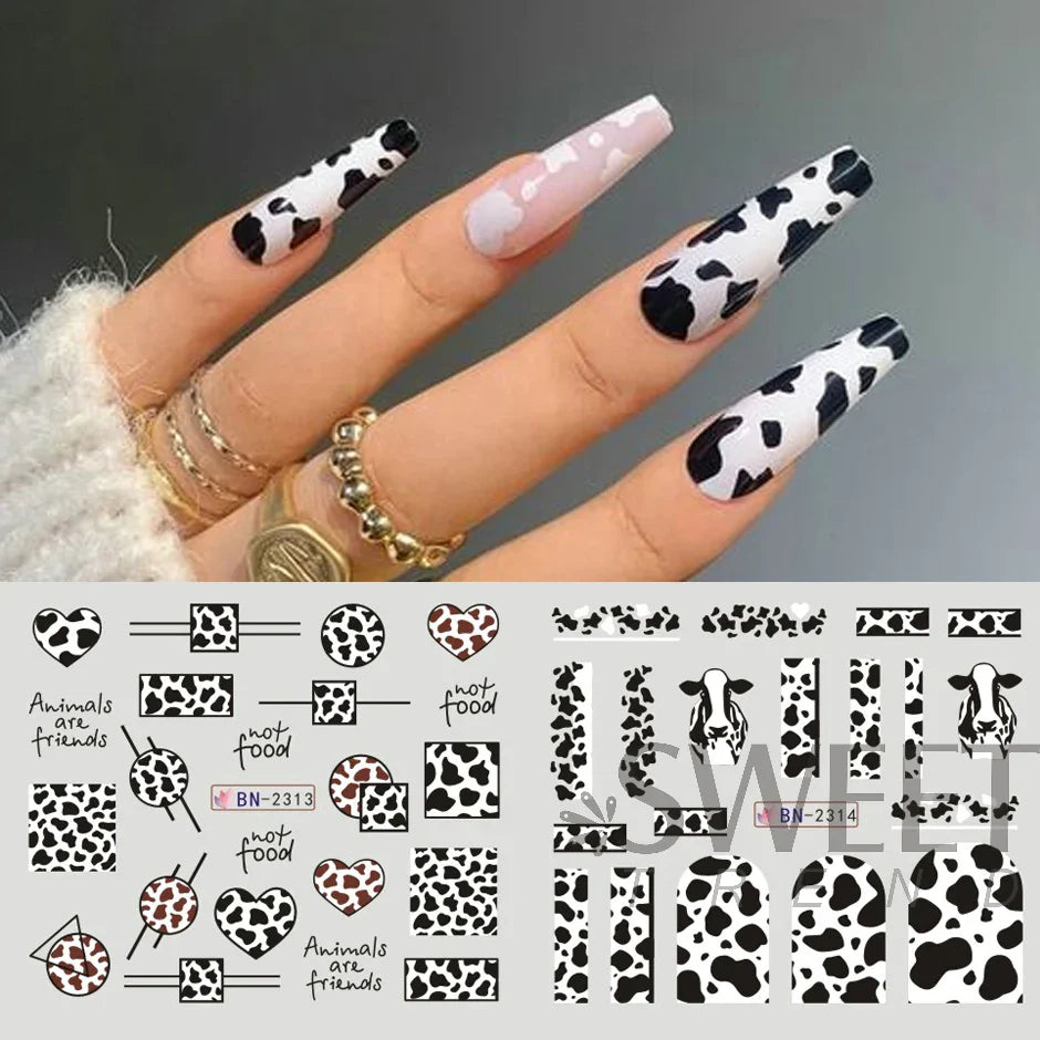 JazzHer 12pcs Milk Cows Nail Water Sticker Cute Cartoon Animals Prints Geometry Strip Decals Tattoo 2024 Watermark Transfer Sliders LYBN