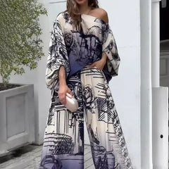 JazzHer Pant Sets Women Two Piece Set Print Long Bat Sleeve Loose Casual Elegant Splice Oblique Shoulder Tops Wide Leg Long Pants