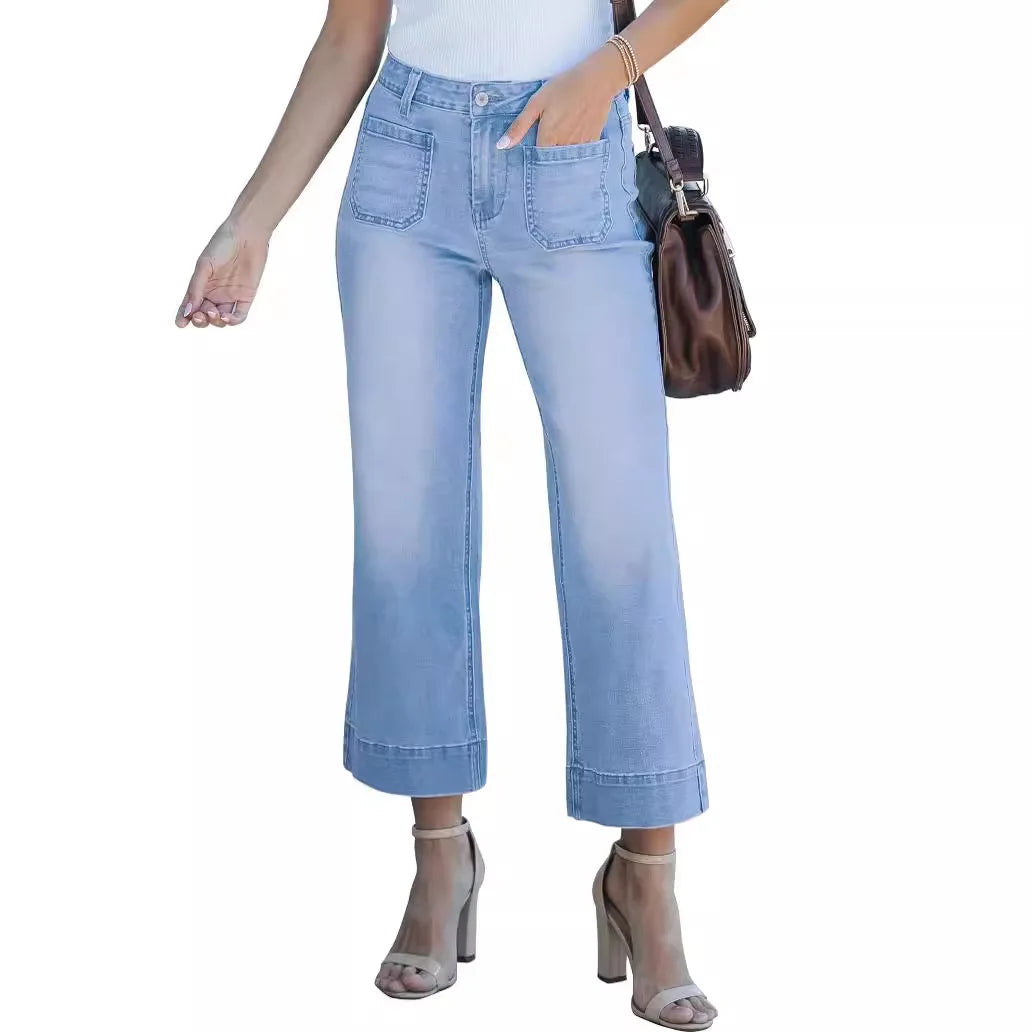 JazzHer Women Jeans Straight Trousers Denim Mid Waist Loose Fit Pockets Basics Ankle Length Pants Solid Color Denims 2024 Casual