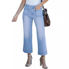 JazzHer Women Jeans Straight Trousers Denim Mid Waist Loose Fit Pockets Basics Ankle Length Pants Solid Color Denims 2024 Casual