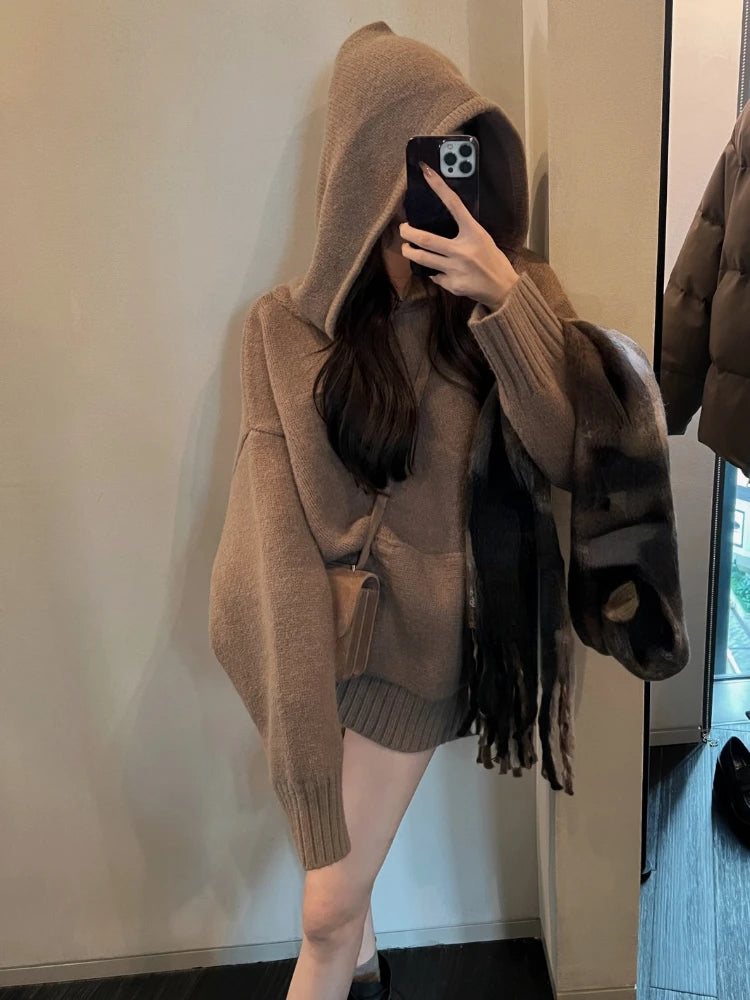 JazzHer 2024 Fall Fashion 2024 Autumn Winter Loose Hooded Clothing Woman Korean Fashion Knitted Sweater Casual Outwear Pure Color Elegant Pullover Chic