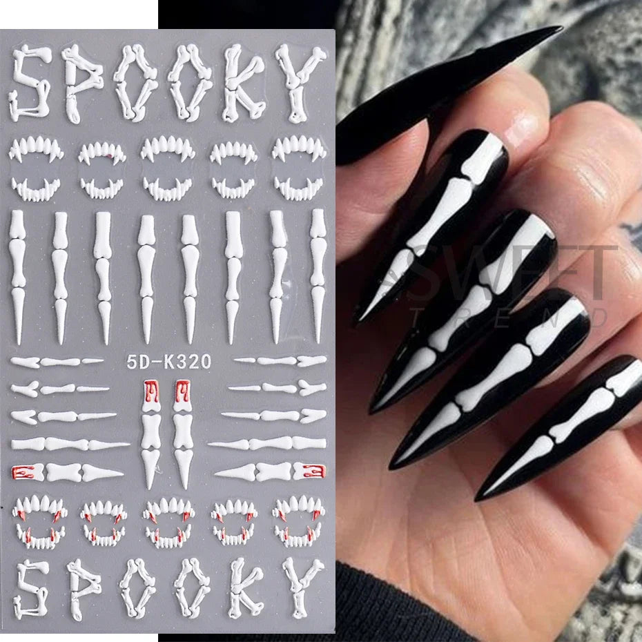 JazzHer 5D Glitter Halloween Embossed Nail Stickers Decals Pumpkin Spider Web Ghost Bone Nail Art Gel Sliders Embossed Manicure Deco