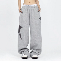 JazzHer Star Patch Baggy Gray Sweatpants