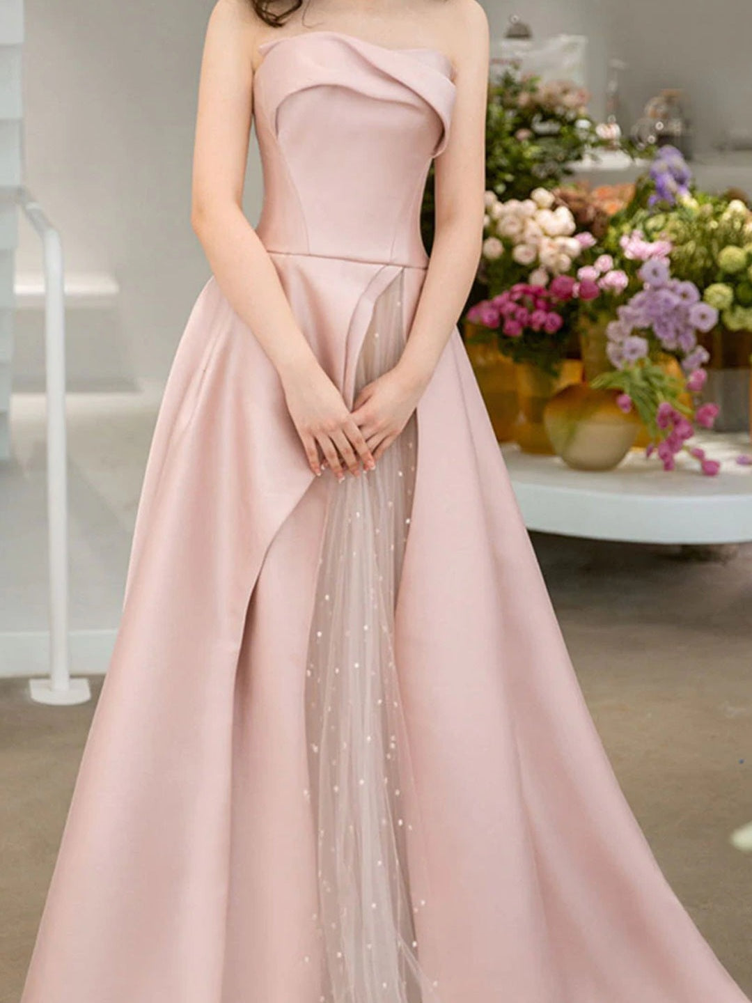 JazzHer Strapless High Slit Glitter Tulle Maxi Dress