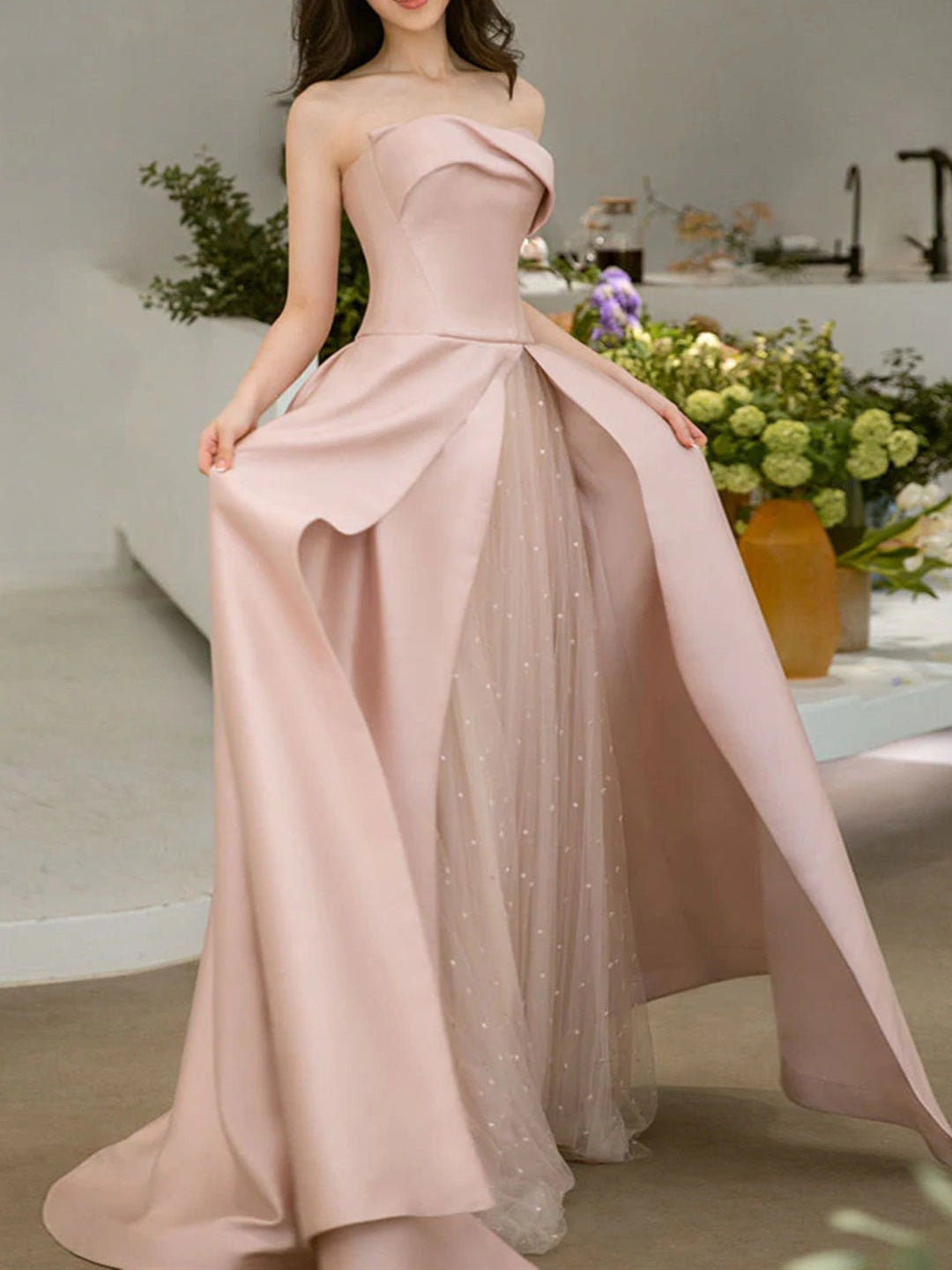 JazzHer Strapless High Slit Glitter Tulle Maxi Dress