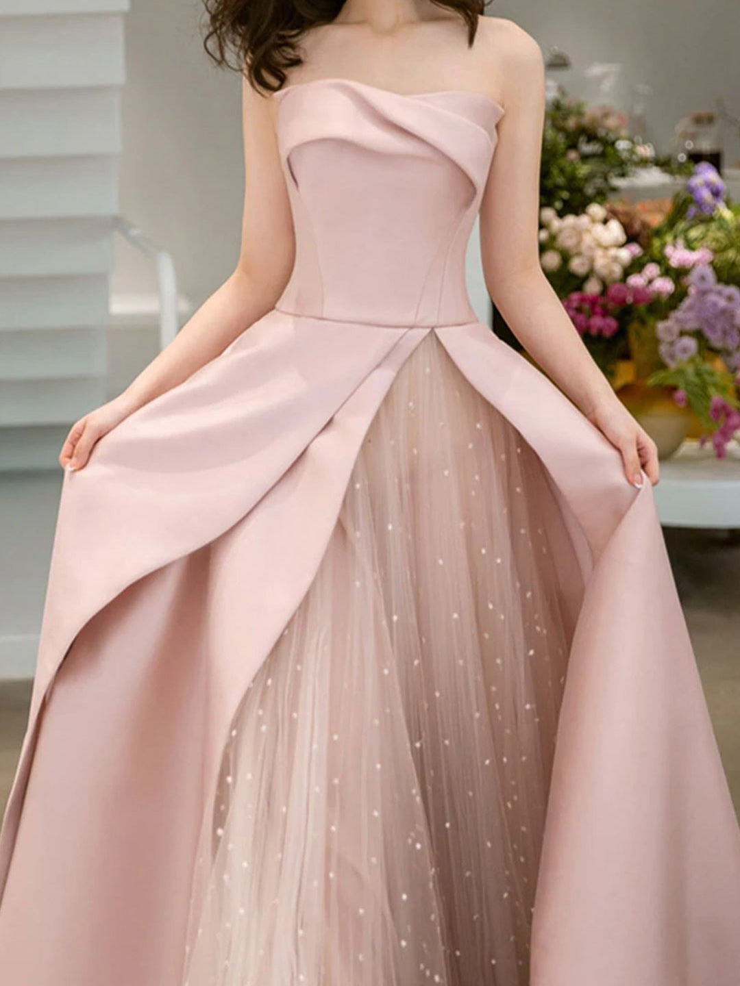 JazzHer Strapless High Slit Glitter Tulle Maxi Dress