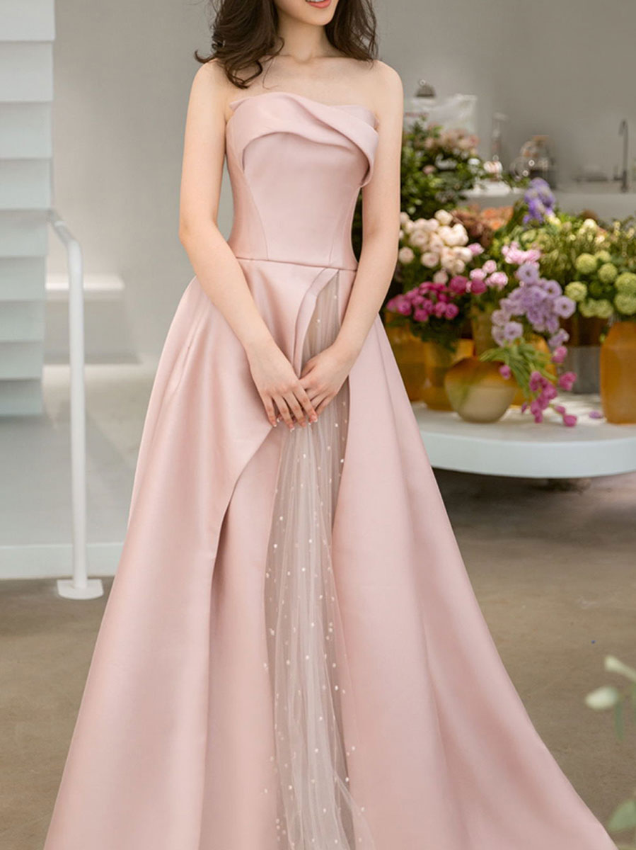 JazzHer Strapless High Slit Glitter Tulle Maxi Dress