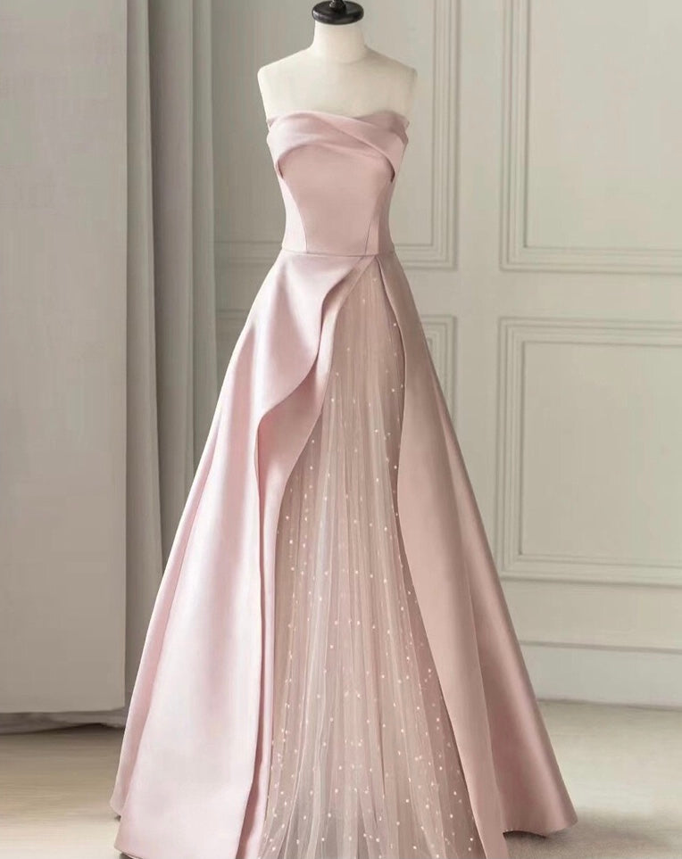 JazzHer Strapless High Slit Glitter Tulle Maxi Dress
