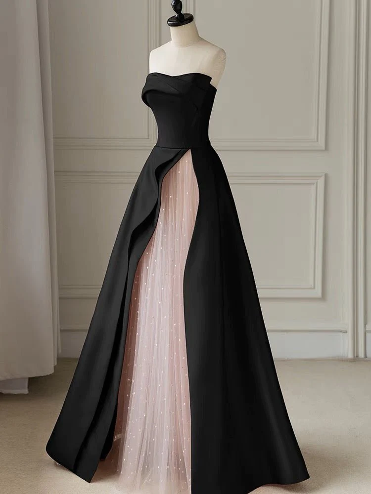 JazzHer Strapless High Slit Glitter Tulle Maxi Dress