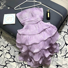 JazzHer Strapless Wavy Pleated Tiered Midi Dress