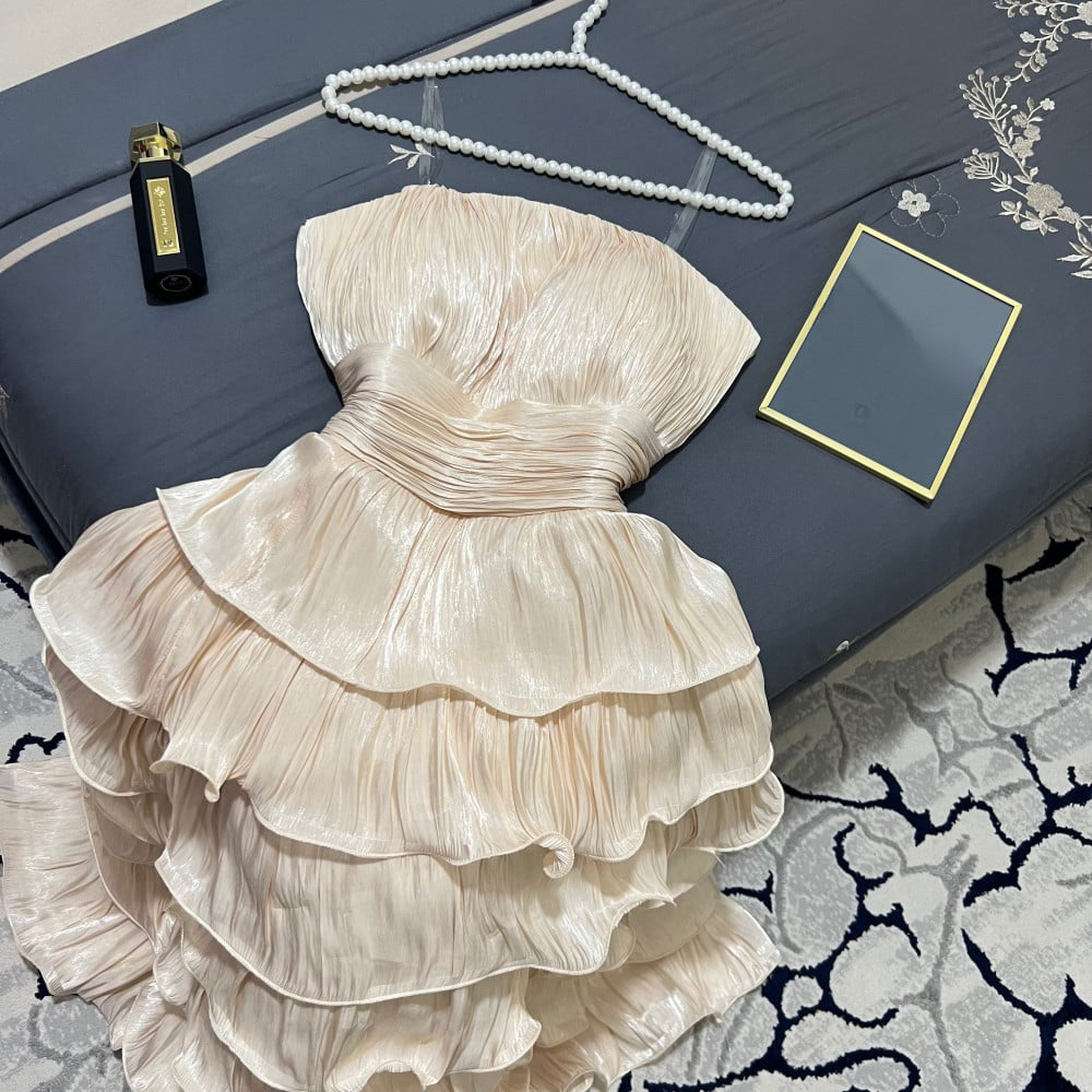 JazzHer Strapless Wavy Pleated Tiered Midi Dress
