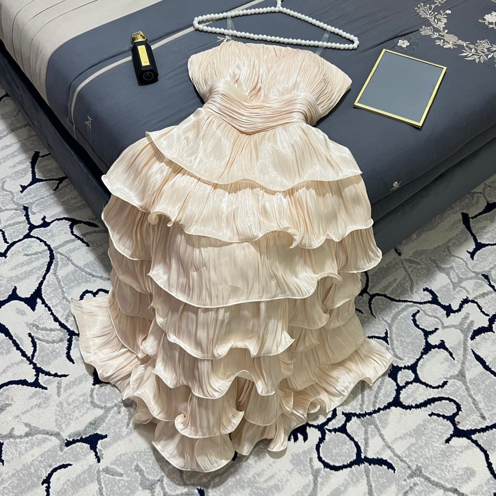 JazzHer Strapless Wavy Pleated Tiered Midi Dress