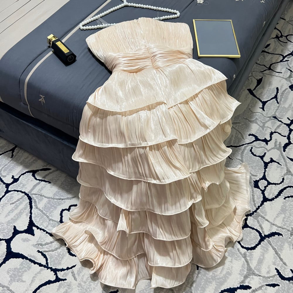 JazzHer Strapless Wavy Pleated Tiered Midi Dress