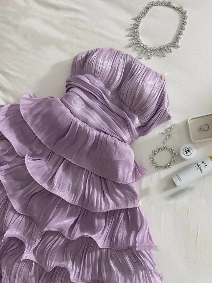 JazzHer Strapless Wavy Pleated Tiered Midi Dress