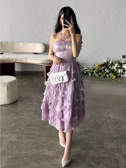 JazzHer Strapless Wavy Pleated Tiered Midi Dress