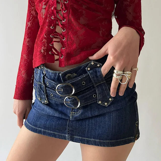 JazzHer Bandage Denim Skirt Women Splice Fashion Lace Up High Waisted Slim Skirts Femme 2023 Street Casual Blue Mini Skirt Woman