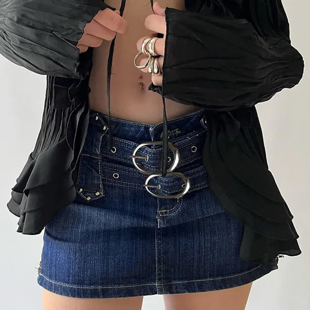 JazzHer Bandage Denim Skirt Women Splice Fashion Lace Up High Waisted Slim Skirts Femme 2023 Street Casual Blue Mini Skirt Woman