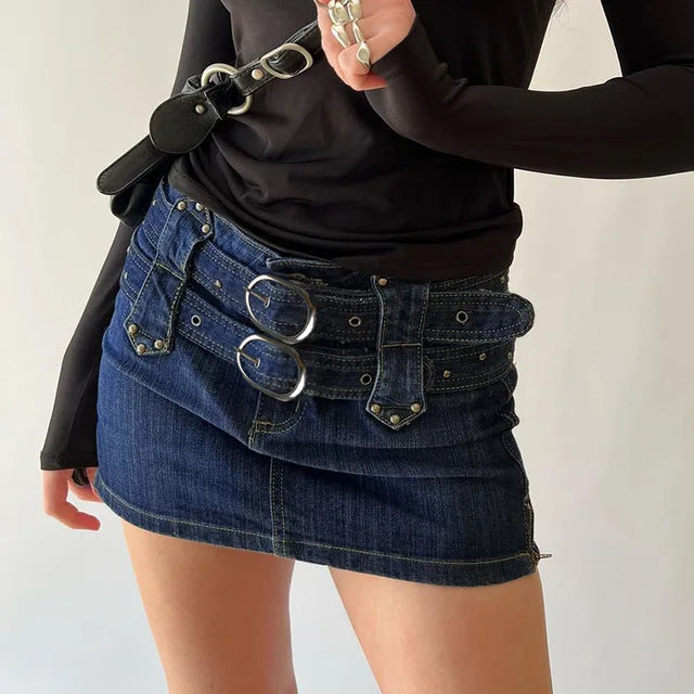 JazzHer Bandage Denim Skirt Women Splice Fashion Lace Up High Waisted Slim Skirts Femme 2023 Street Casual Blue Mini Skirt Woman