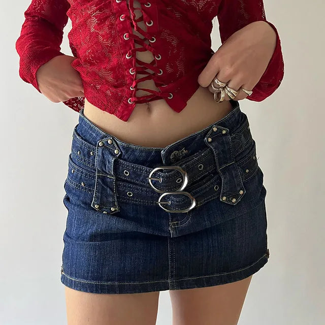 JazzHer Bandage Denim Skirt Women Splice Fashion Lace Up High Waisted Slim Skirts Femme 2023 Street Casual Blue Mini Skirt Woman