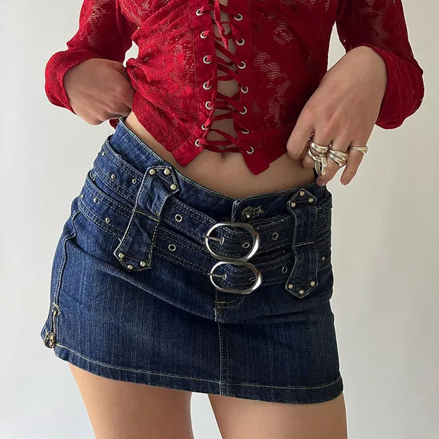 JazzHer Bandage Denim Skirt Women Splice Fashion Lace Up High Waisted Slim Skirts Femme 2023 Street Casual Blue Mini Skirt Woman