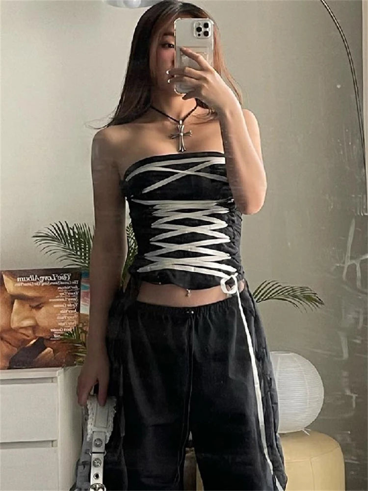 JazzHer Bandage For Women Slim Tube Top Fashion Patchwork Cute Y2k Crop top Backless Lace-Up Slim Short Vest Camisole 2023 New